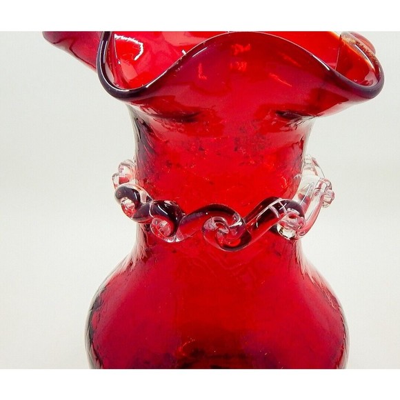 Kanawha Ruby Red Crackle Blown Glass Vase Applied Clear Rigaree Scroll - Picture 7 of 10